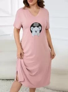 Plus Cartoon Graphic Nightdress - Dusty Pink - View 3