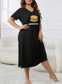Plus Letter & Hamburger Print Nightdress - Black - View 4