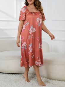 大碼印花褶邊睡裙 - 橘色 - 查看 4