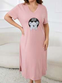 Plus Cartoon Graphic Nightdress - Dusty Pink - View 5