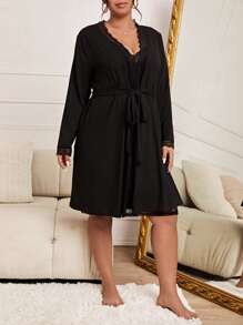 2 piezas Conjunto con bata ribete con encaje