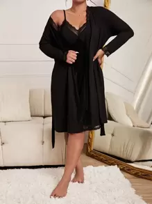 2 piezas Conjunto con bata ribete con encaje