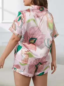 Plus Floral Print Contrast Piping Satin PJ Set - Baby Pink - View 2