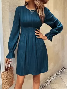 SHEIN LUNE Flounce Sleeve Keyhole Back A-Line Dress - Teal Blue - View 1