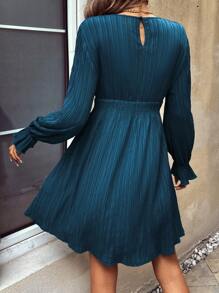 SHEIN LUNE Flounce Sleeve Keyhole Back A-Line Dress - Teal Blue - View 2