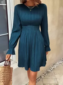 SHEIN LUNE Flounce Sleeve Keyhole Back A-Line Dress - Teal Blue - View 4