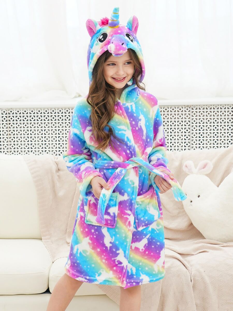 Toddler Girls' Rainbow & Starry Unicorn Bathrobe With Unicorn Hoodie For Home Wear - Multicolor - View 1