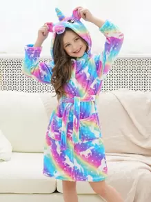 Toddler Girls' Rainbow & Starry Unicorn Bathrobe With Unicorn Hoodie For Home Wear - Multicolor - View 5