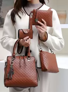4入組幾何浮雕流蘇裝飾方型包套裝 - 棕色 - 查看 2
