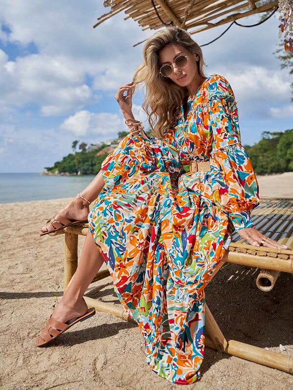 SHEIN VCAY Floral Print Lantern Sleeve Dress Without Belt