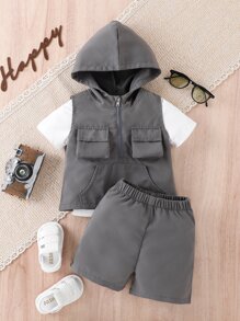 Baby Boy Solid Tee & Flap Pocket Jacket & Shorts - Multicolor - View 1