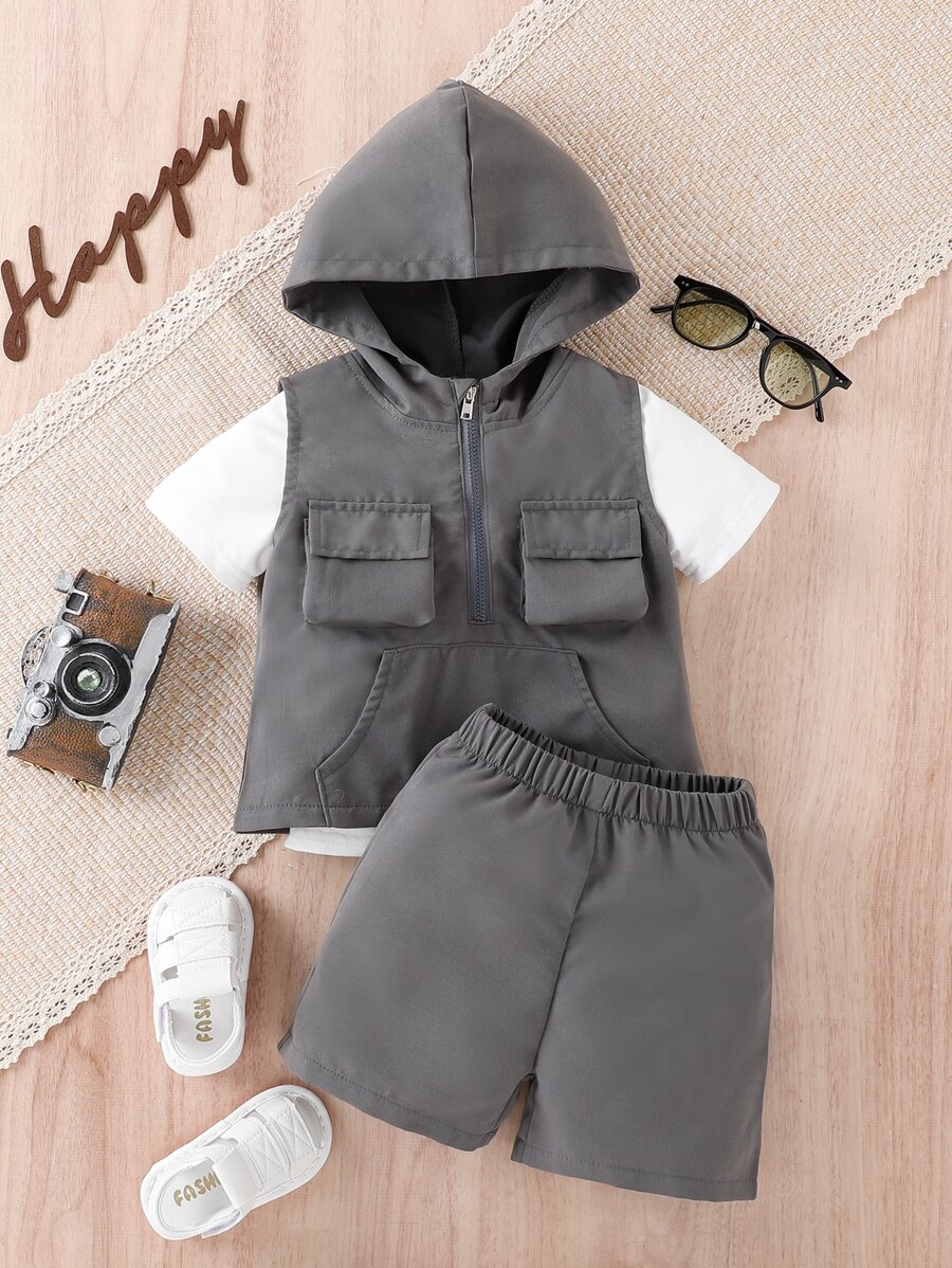 Baby Boy Solid Tee & Flap Pocket Jacket & Shorts - Multicolor - View 1