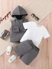 Baby Boy Solid Tee & Flap Pocket Jacket & Shorts - Multicolor - View 3