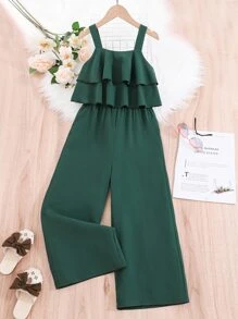 SHEIN Mono simple vintage elegante de color sólido verde oscuro para niña preadolescente con correas gruesas para los hombros para el verano