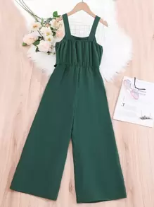 SHEIN Mono simple vintage elegante de color sólido verde oscuro para niña preadolescente con correas gruesas para los hombros para el verano