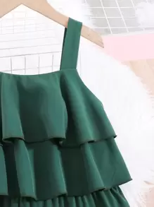 SHEIN Mono simple vintage elegante de color sólido verde oscuro para niña preadolescente con correas gruesas para los hombros para el verano