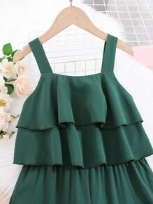 SHEIN Mono simple vintage elegante de color sólido verde oscuro para niña preadolescente con correas gruesas para los hombros para el verano