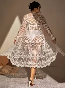 Plus Size Embroidery Mesh Scallop Trim Kimono, For Summer Beach Vacation - White - View 1