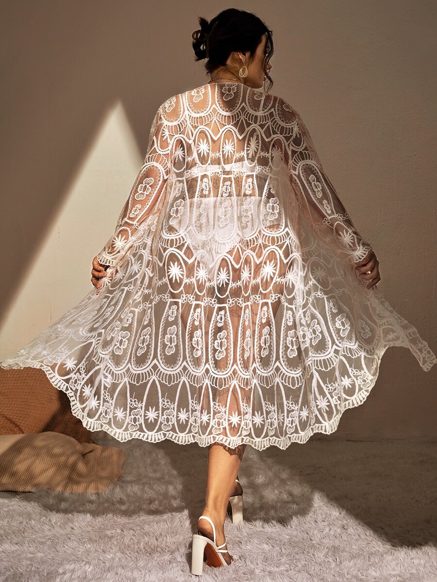 Plus Size Embroidery Mesh Scallop Trim Kimono, For Summer Beach Vacation - White - View 1