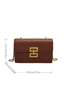 金屬裝飾鏈條翻蓋方包 - 棕色 - 查看 3