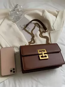 金屬裝飾鏈條翻蓋方包 - 棕色 - 查看 6