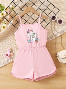 小女童獨角獸印花吊帶連體短褲 - 淺粉色 - 查看 1