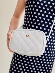 1 Pieza Bolso Bandolera Cuadrado Con Costura A Cuadros De Pu Blanco Para Niña, Adecuado Para Uso Diario - Blanco - Ver 7