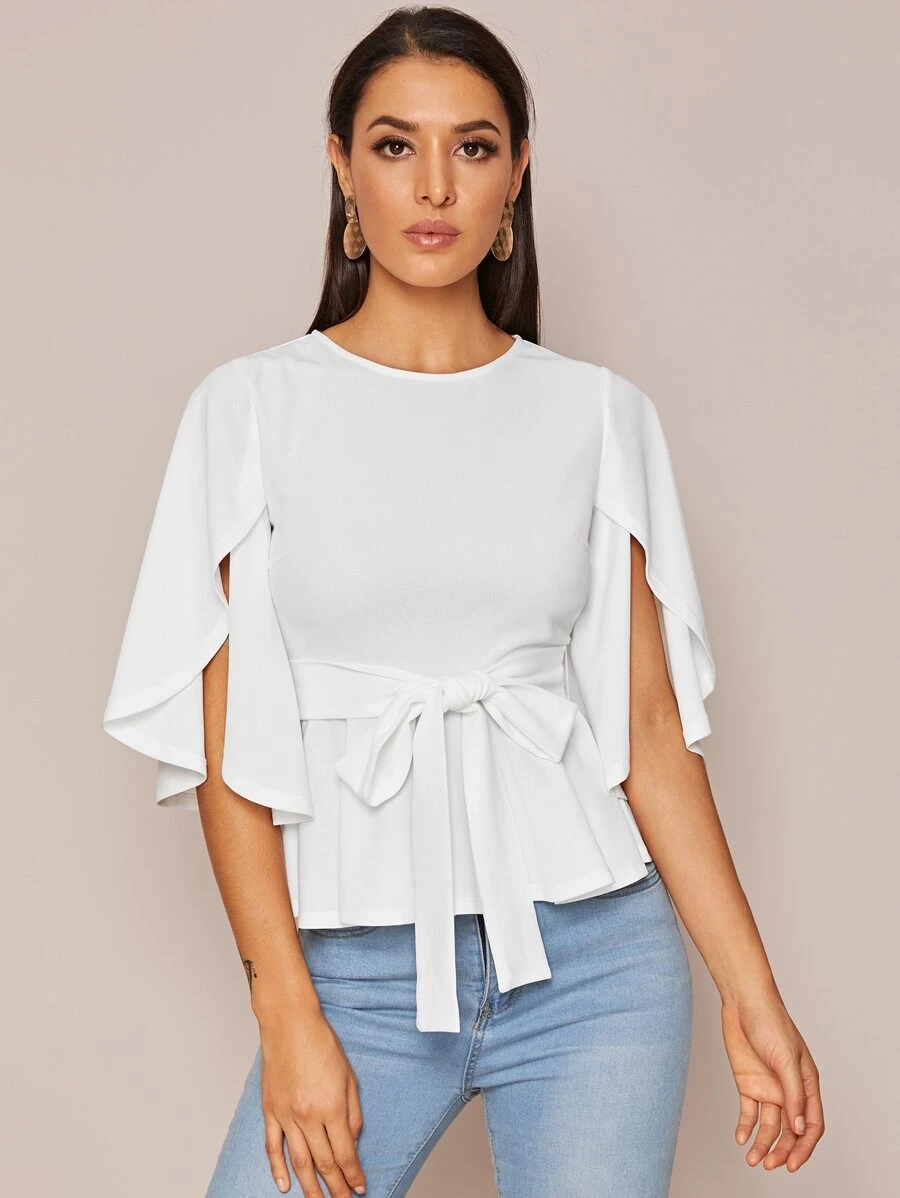 SHEIN Clasi Split Sleeve Belted Peplum Top - White - View 1