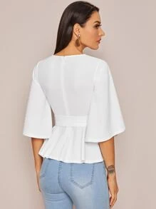 SHEIN Clasi Split Sleeve Belted Peplum Top - White - View 2