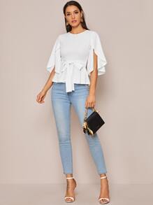 SHEIN Clasi Split Sleeve Belted Peplum Top - White - View 3