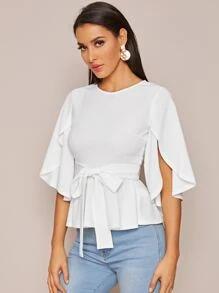SHEIN Clasi Split Sleeve Belted Peplum Top - White - View 4