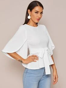 SHEIN Clasi Split Sleeve Belted Peplum Top - White - View 5