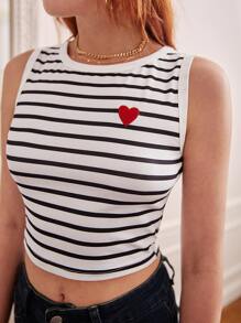 SHEIN Frenchy Striped Heart Embroidery Tank Top - Black and White - View 1