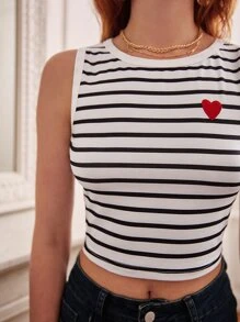 SHEIN Frenchy Striped Heart Embroidery Tank Top - Black and White - View 2