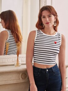 SHEIN Frenchy Striped Heart Embroidery Tank Top - Black and White - View 3