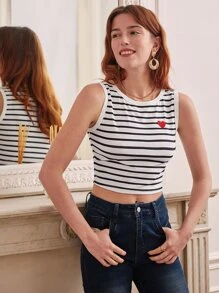 SHEIN Frenchy Striped Heart Embroidery Tank Top - Black and White - View 4