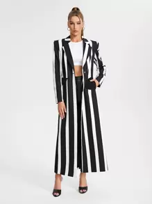 MUSE BY MONET Áo khoác Blazer dài có túi vá in sọc thiết kế, cho ngày lễ, đi chơi - Đen và trắng - Xem 1