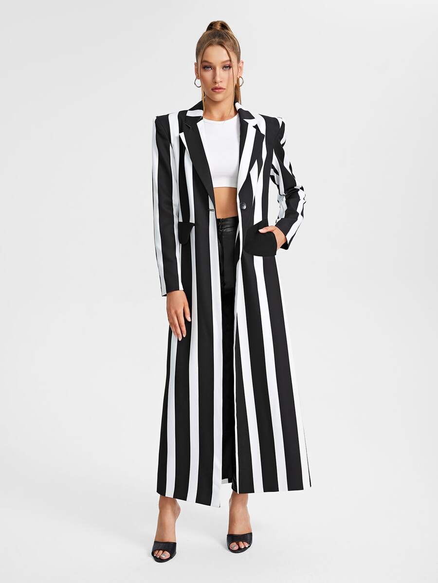 MUSE BY MONET Áo khoác Blazer dài có túi vá in sọc thiết kế, cho ngày lễ, đi chơi - Đen và trắng - Xem 1