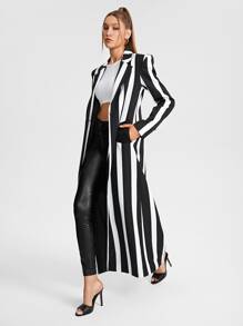 MUSE BY MONET Áo khoác Blazer dài có túi vá in sọc thiết kế, cho ngày lễ, đi chơi - Đen và trắng - Xem 3