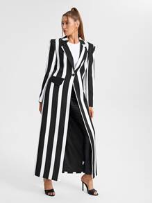 MUSE BY MONET Áo khoác Blazer dài có túi vá in sọc thiết kế, cho ngày lễ, đi chơi - Đen và trắng - Xem 4