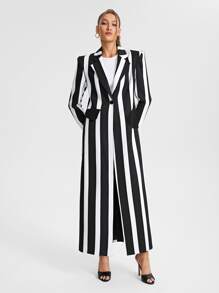 MUSE BY MONET Áo khoác Blazer dài có túi vá in sọc thiết kế, cho ngày lễ, đi chơi - Đen và trắng - Xem 5