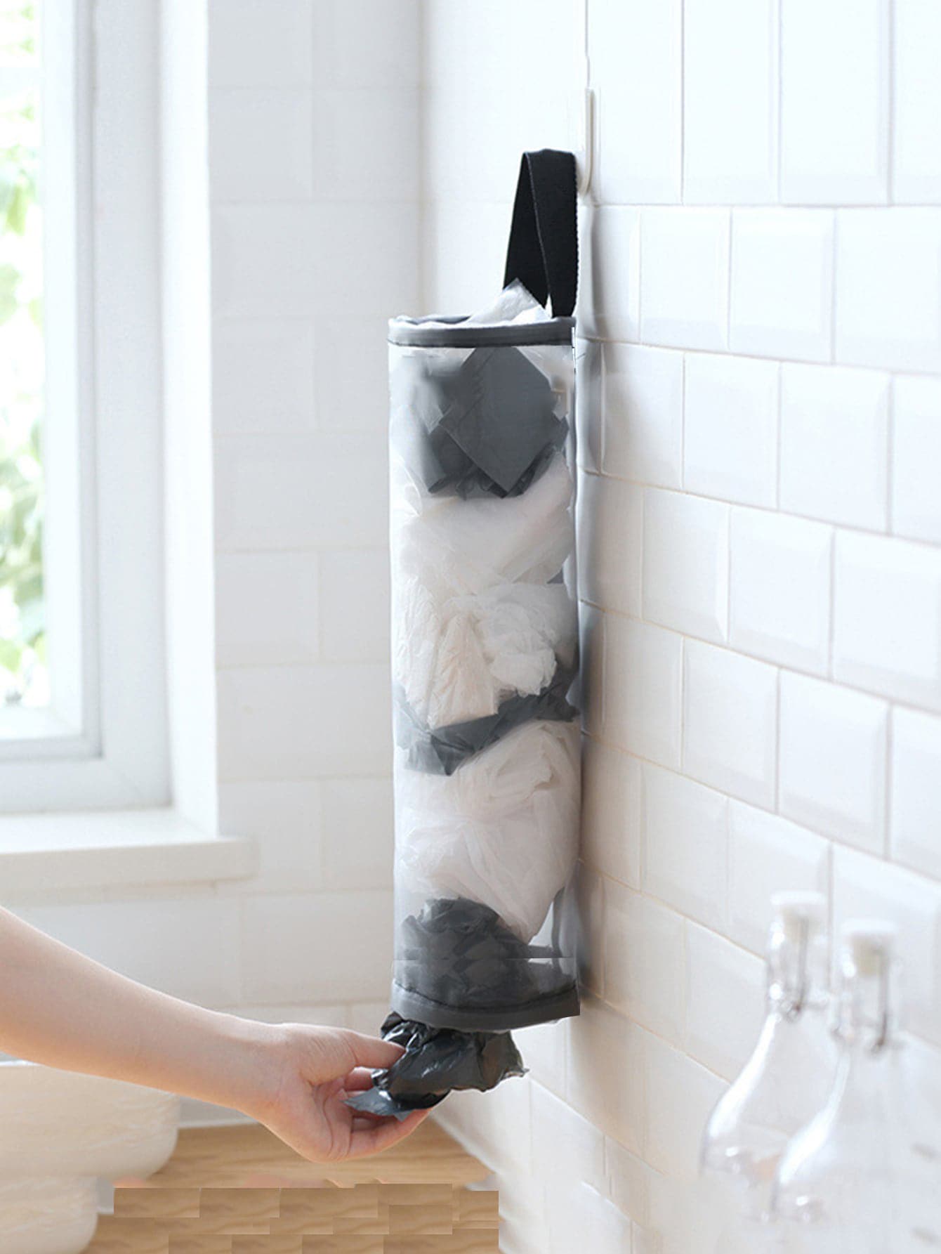 1pc Plastic Bag Holder,Mesh Hanging Storage Dispenser,Foldable Breathable Washable Hanging Mesh Garbage Bag Organizer For Kitchen - Grey - View 1