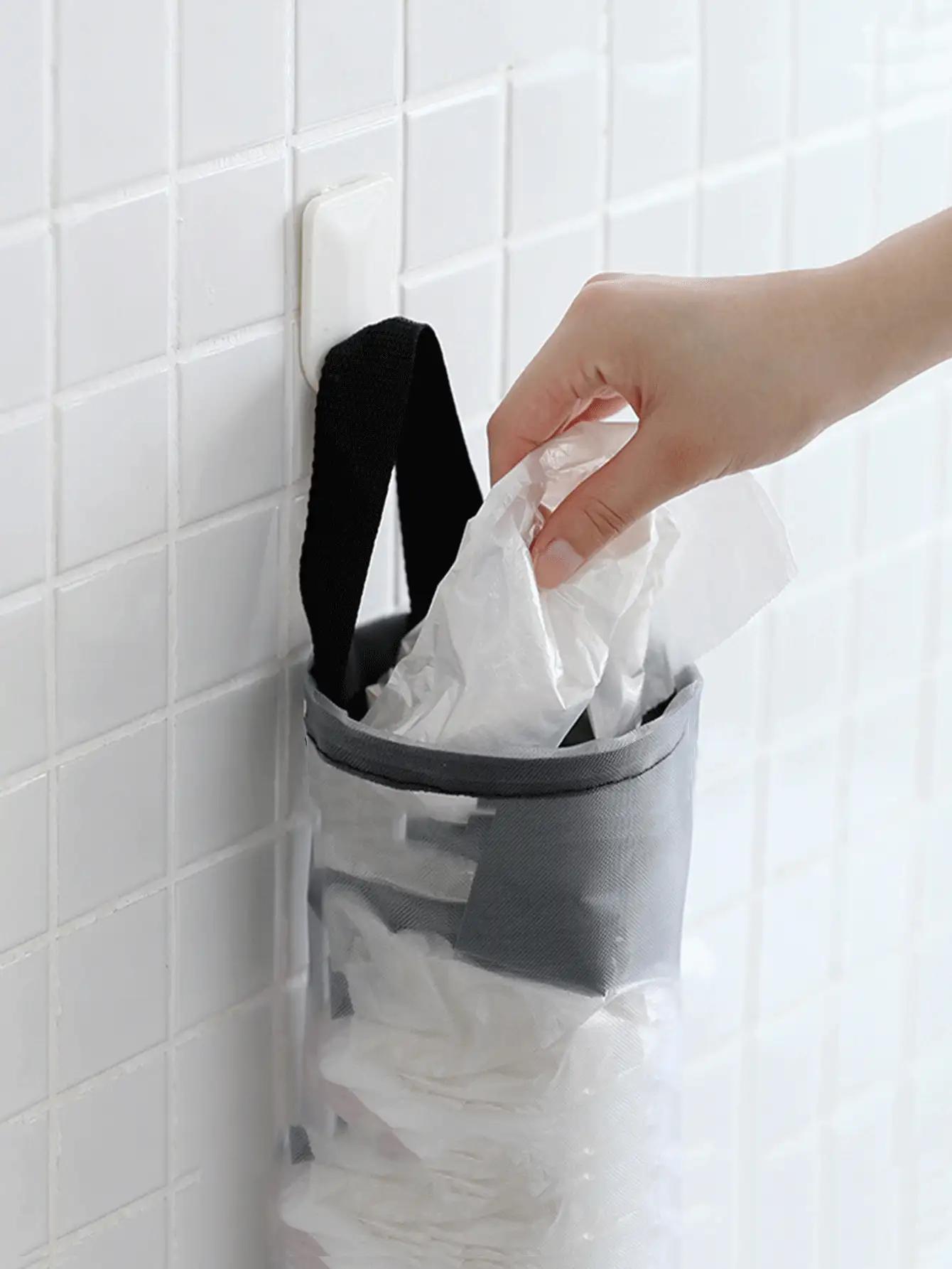 1pc Plastic Bag Holder,Mesh Hanging Storage Dispenser,Foldable Breathable Washable Hanging Mesh Garbage Bag Organizer For Kitchen - Grey - View 4