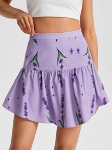 lavandula Floral Print Ruffle Hem Skirt - Lilac Purple - View 1