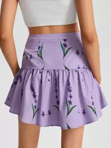 lavandula Floral Print Ruffle Hem Skirt - Lilac Purple - View 2