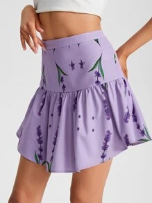 lavandula Floral Print Ruffle Hem Skirt - Lilac Purple - View 3