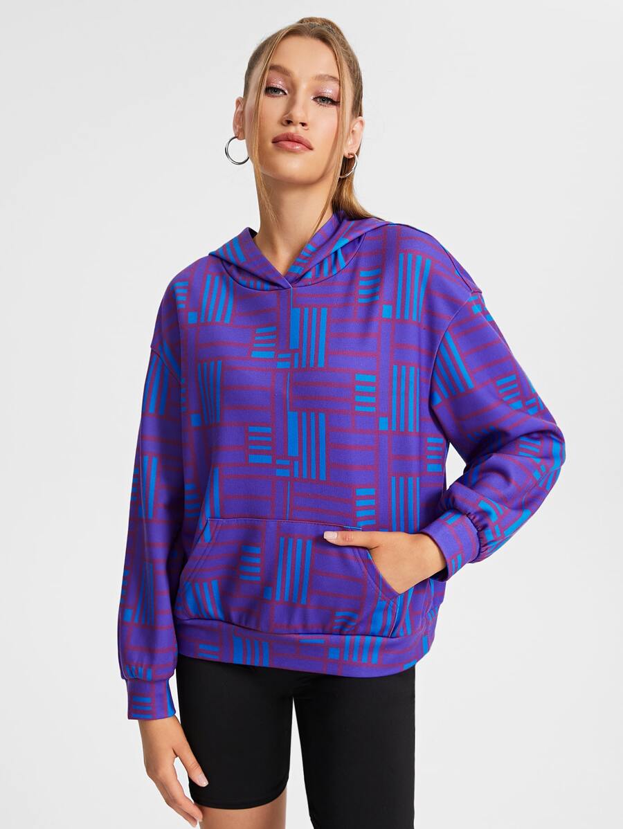 JuJu Lee Designer Geo Print Kangaroo Pocket Drop Shoulder Hoodie - Purple - View 1