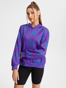 JuJu Lee Designer Geo Print Kangaroo Pocket Drop Shoulder Hoodie - Purple - View 3
