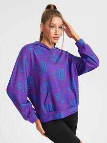 JuJu Lee Designer Geo Print Kangaroo Pocket Drop Shoulder Hoodie - Purple - View 4