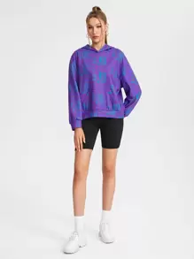 JuJu Lee Designer Geo Print Kangaroo Pocket Drop Shoulder Hoodie - Purple - View 5